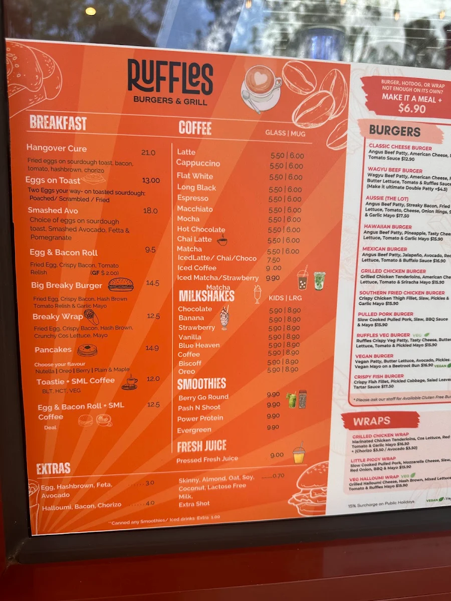 Menu, Ruffles Burgers & Grill
