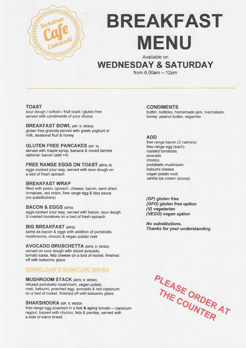 Menu, Berkelouw Cafe