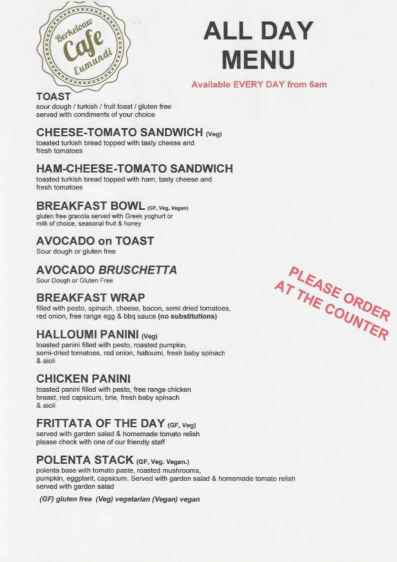 Menu, Berkelouw Cafe