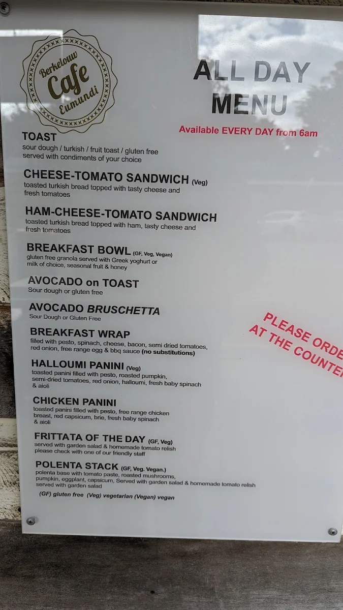 Menu, Berkelouw Cafe