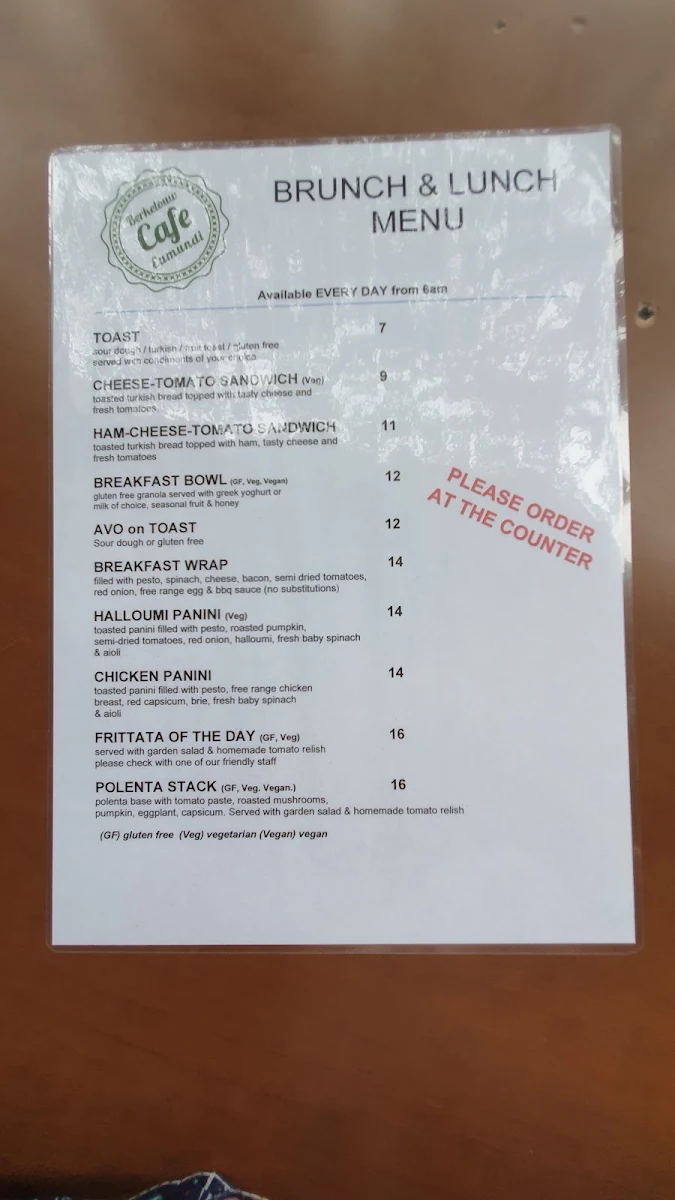 Menu, Berkelouw Cafe