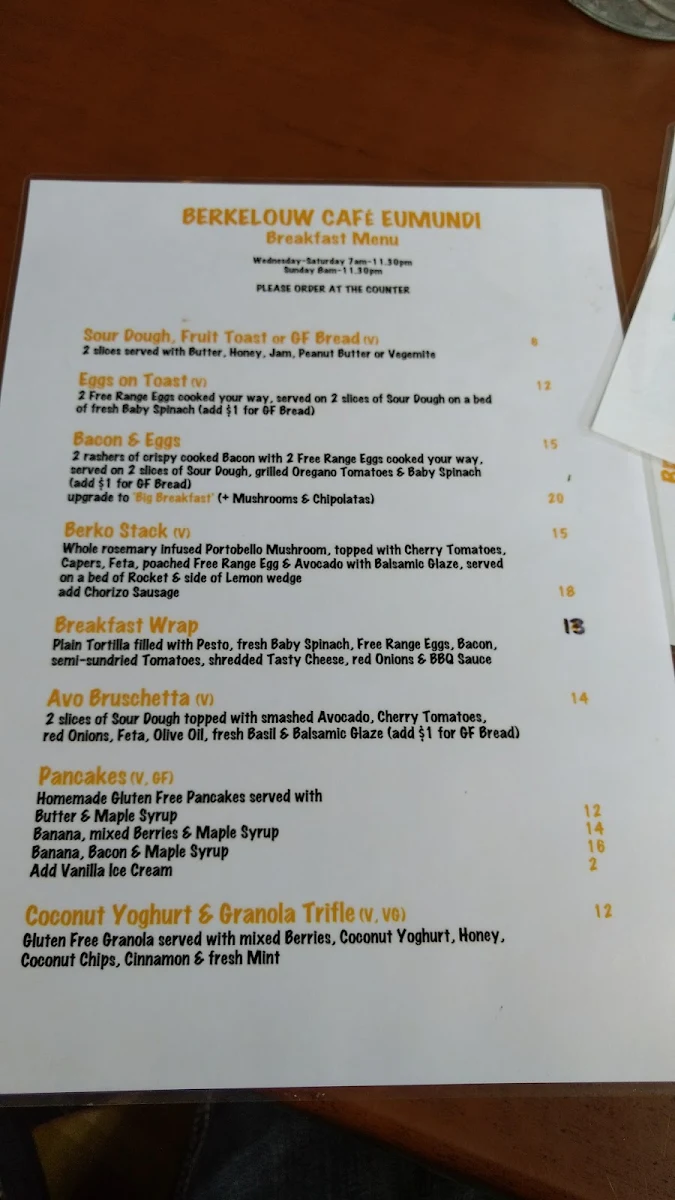 Menu, Berkelouw Cafe