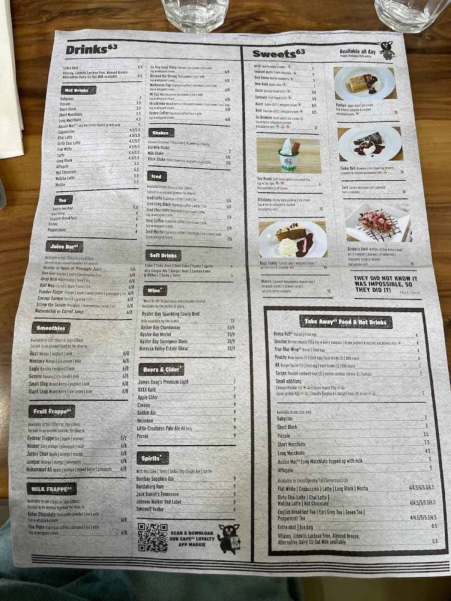 Menu, Cafe63 Springwood