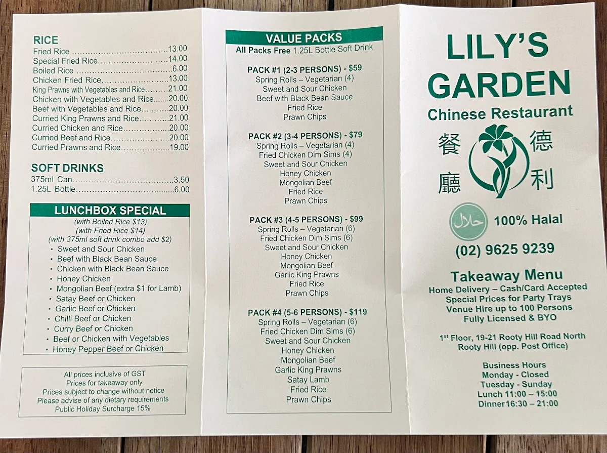 Menu, Lily's Garden (100% Halal)
