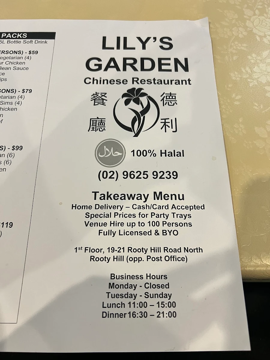 Menu, Lily's Garden (100% Halal)