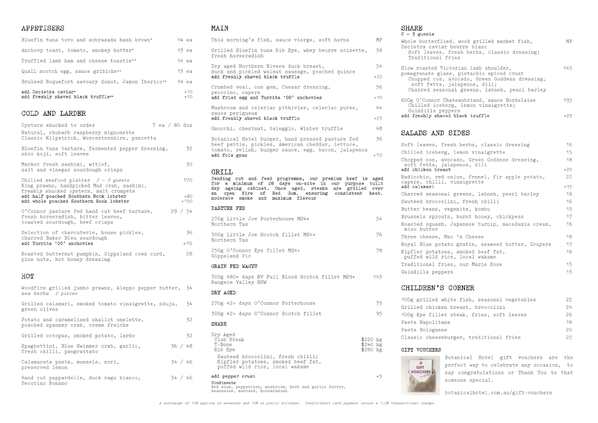 Menu, Botanical Hotel