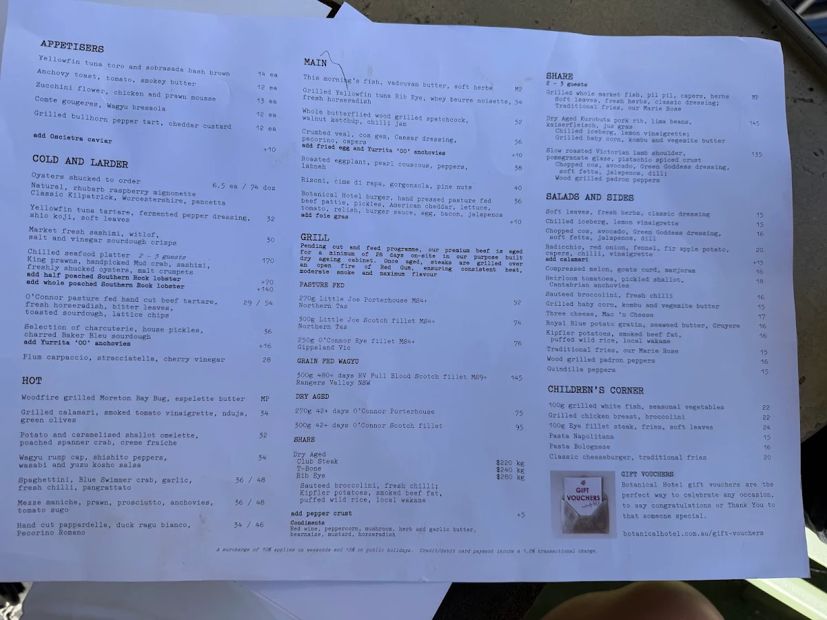 Menu, Botanical Hotel