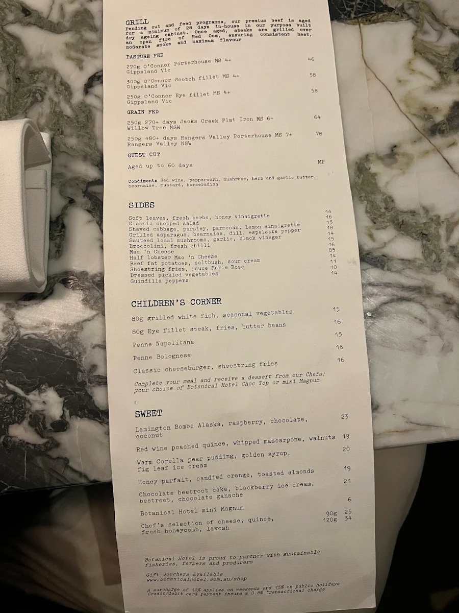 Menu, Botanical Hotel