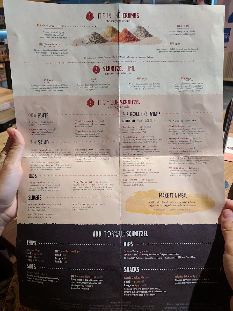 Menu, Schnitz Shepparton