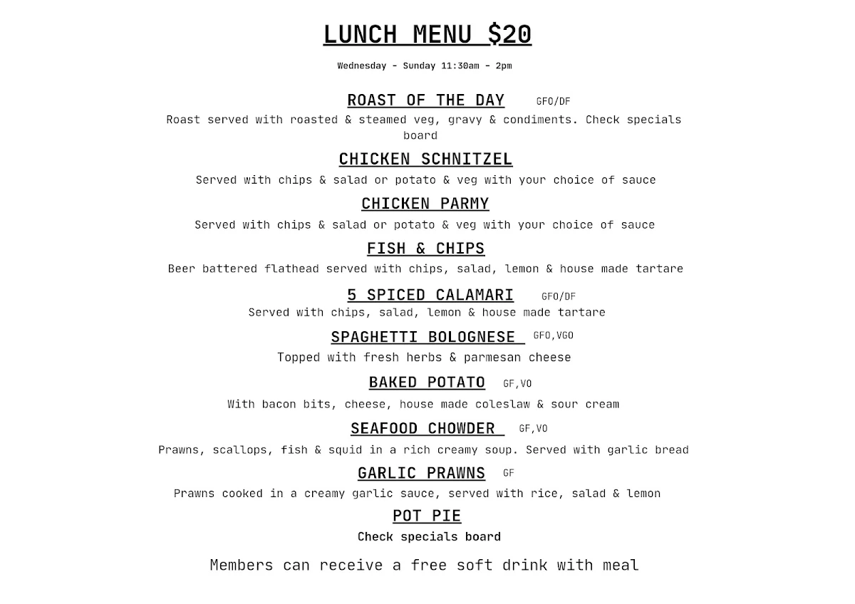 Menu, Zoe's at the RSC ulverstone