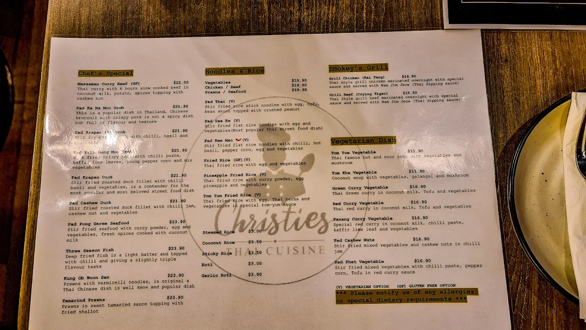 Menu, Christies Thai Cuisine