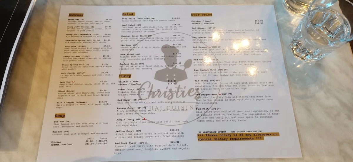 Menu, Christies Thai Cuisine
