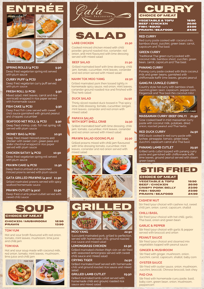 Menu, Gata Thai Restaurant