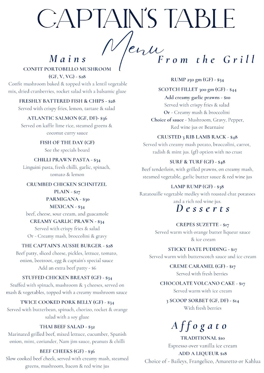 Menu, The Captain's Table