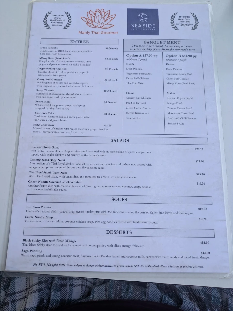 Menu, Manly Thai Gourmet