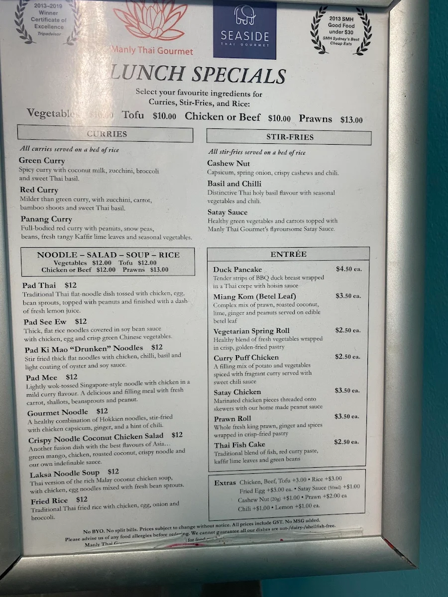 Menu, Manly Thai Gourmet