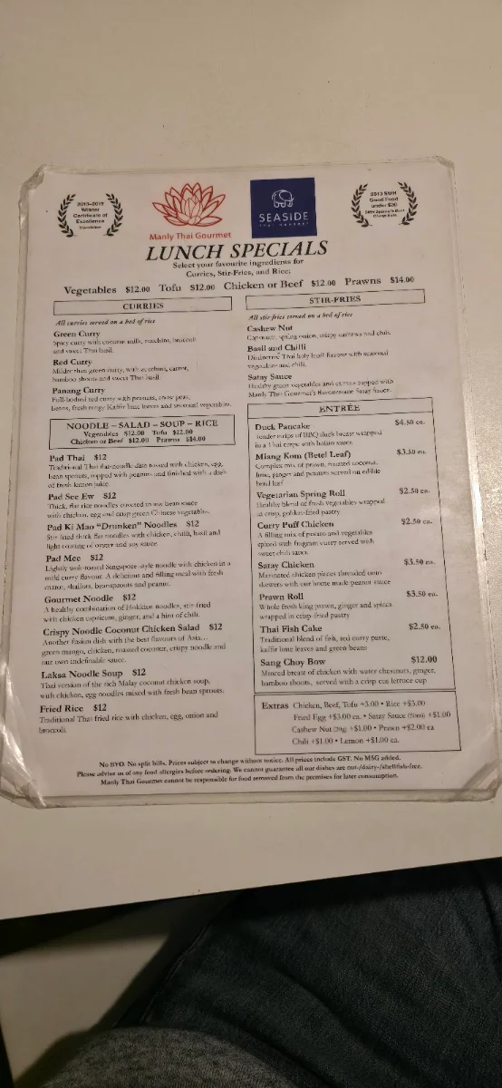 Menu, Manly Thai Gourmet