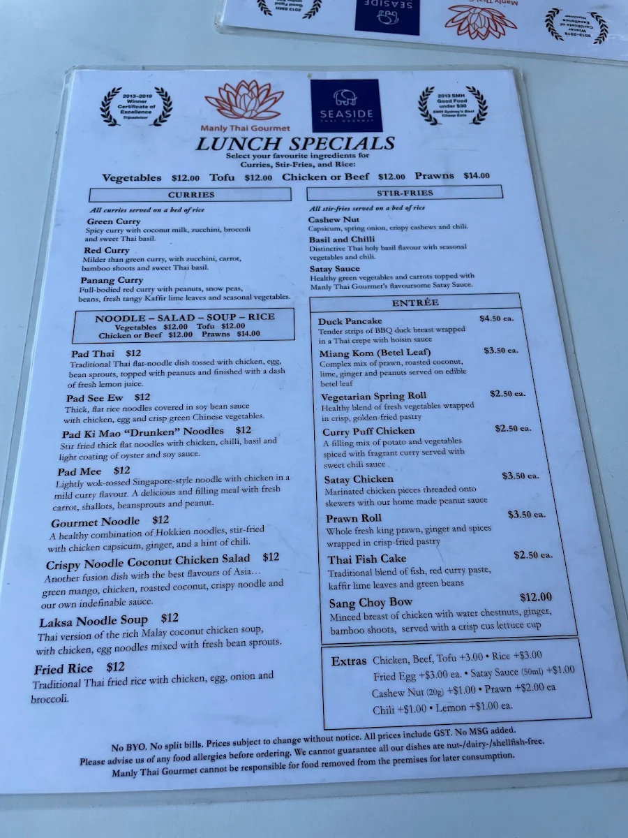 Menu, Manly Thai Gourmet