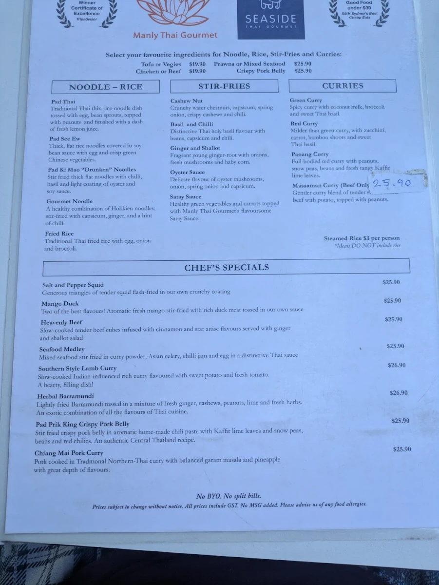 Menu, Manly Thai Gourmet