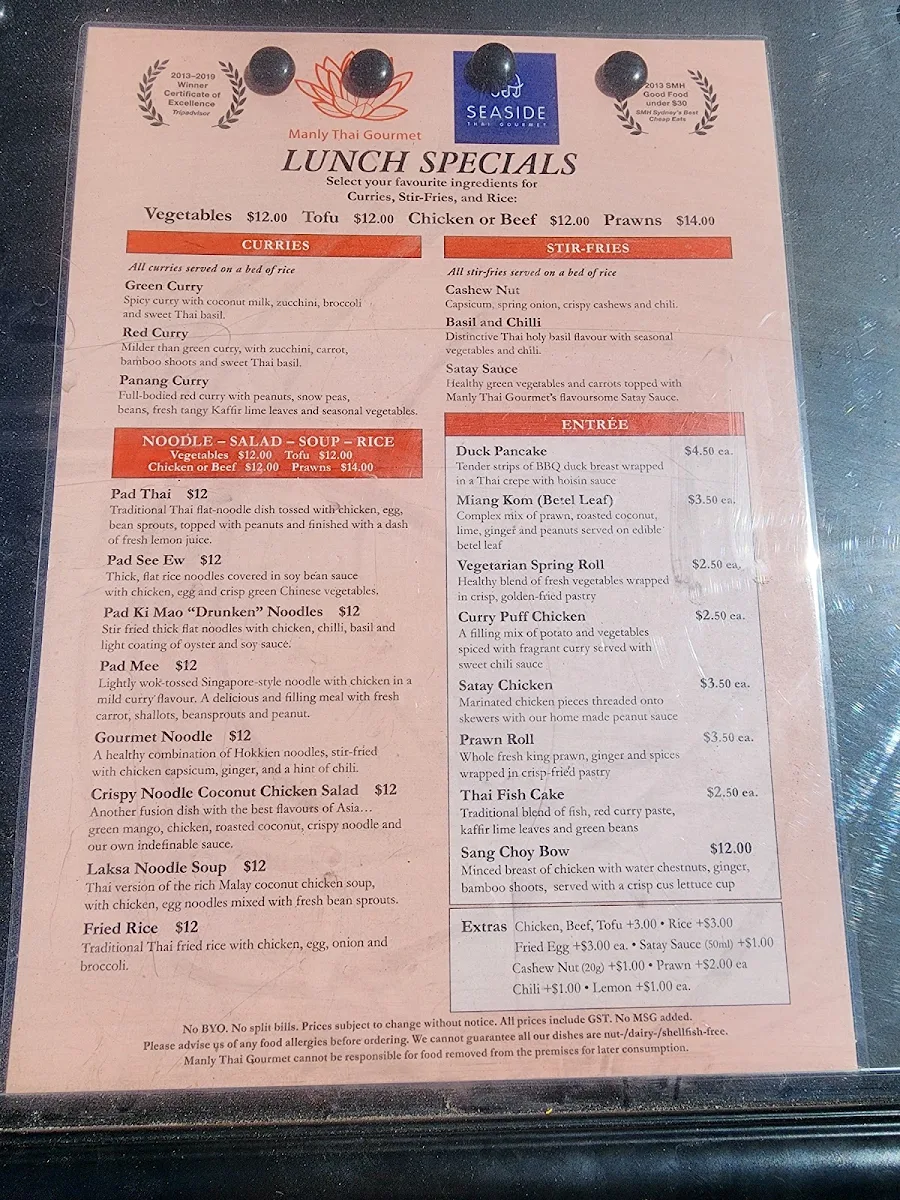 Menu, Manly Thai Gourmet