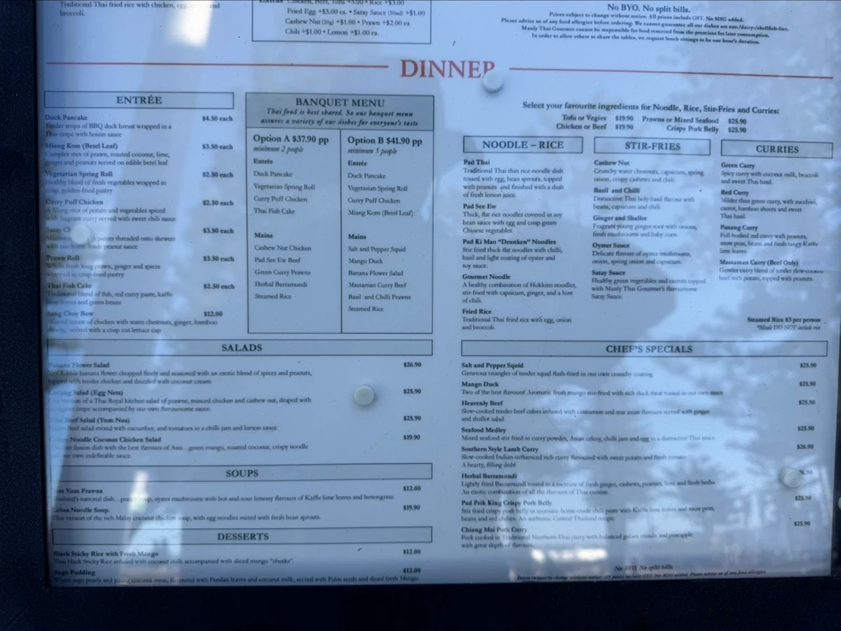 Menu, Manly Thai Gourmet