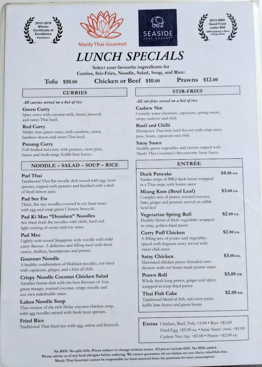 Menu, Manly Thai Gourmet
