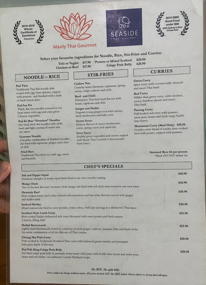 Menu, Manly Thai Gourmet