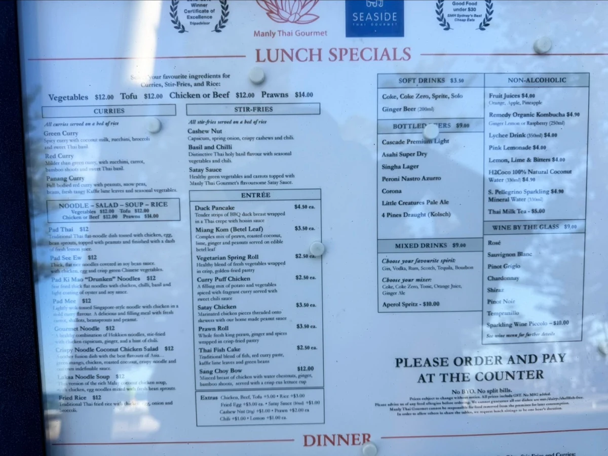 Menu, Manly Thai Gourmet