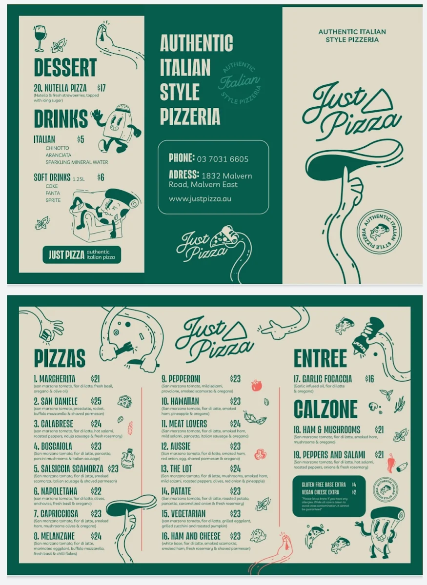 Menu, Just Pizza