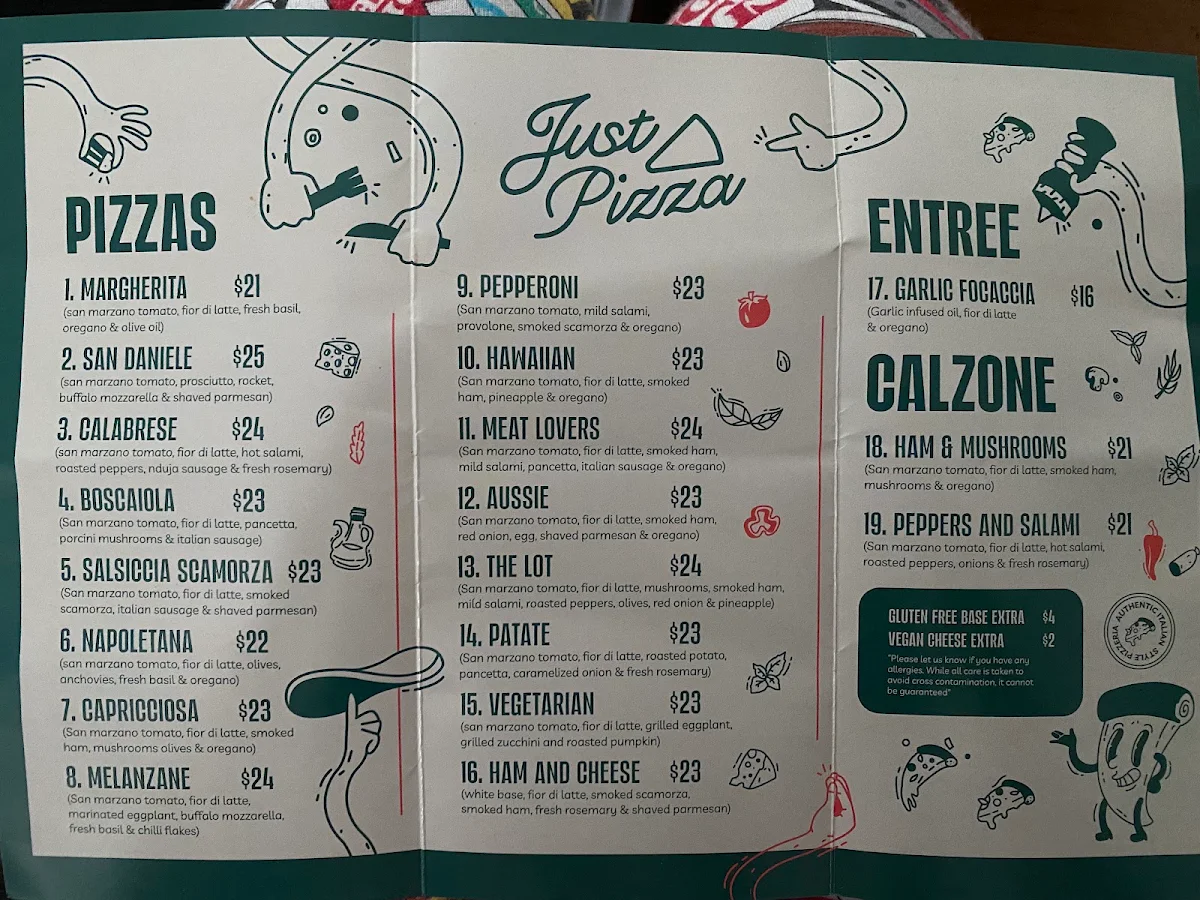 Menu, Just Pizza