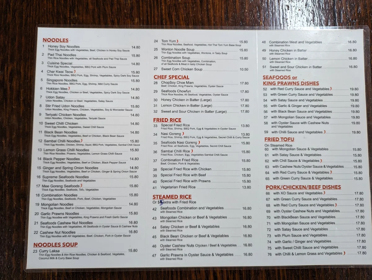 Menu, Heathcote Vietnamese Noodle Cuisine