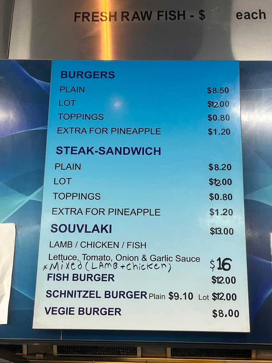 Menu, Tarneit West Fish and Chips
