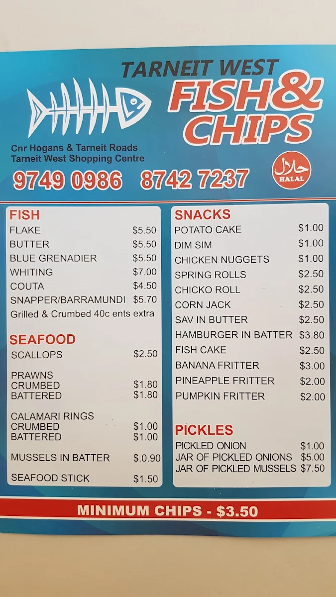 Menu, Tarneit West Fish and Chips