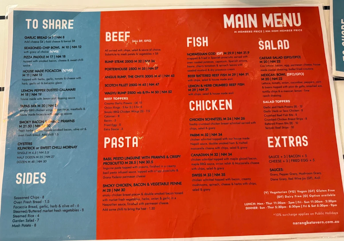 Menu, Narangba Valley Tavern