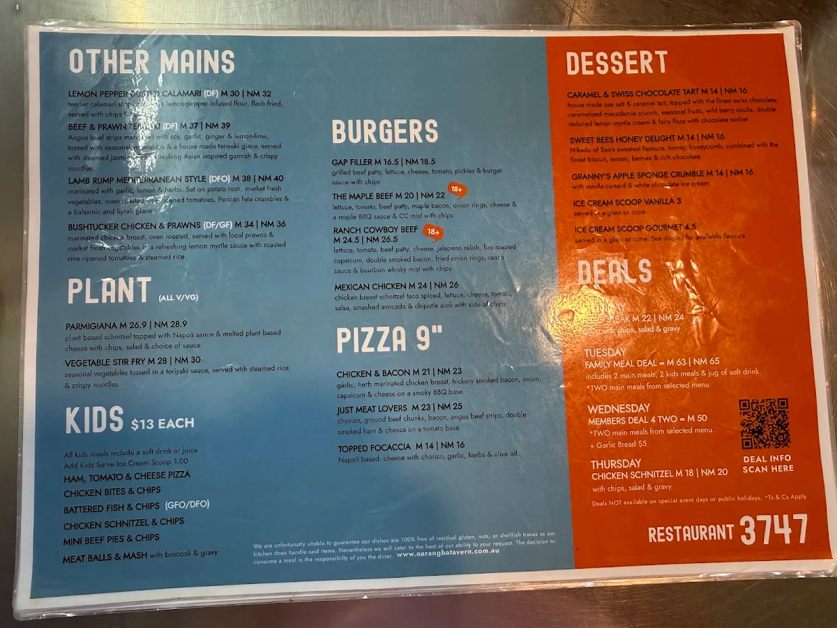 Menu, Narangba Valley Tavern