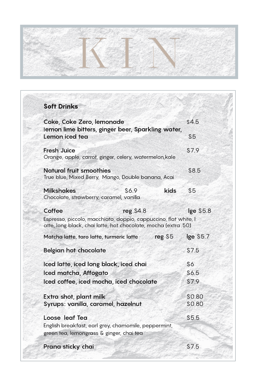 Menu, KIN Cafe & Wine Bar