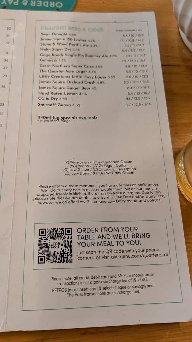 Menu, The Quarter Acre Hotel