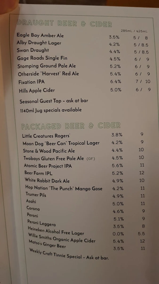 Menu, The Quarter Acre Hotel