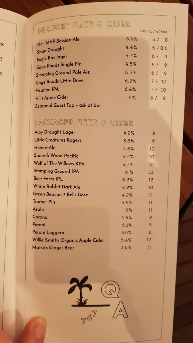 Menu, The Quarter Acre Hotel