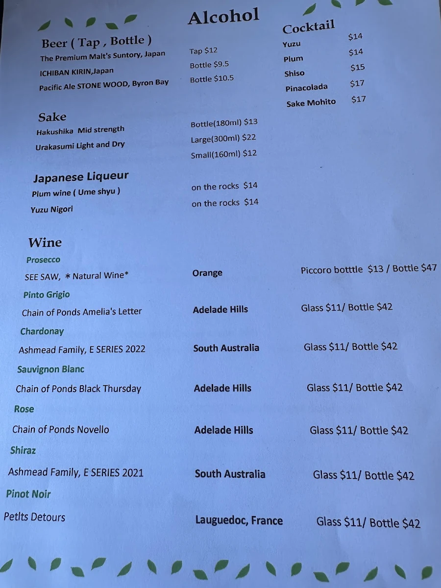 Menu, Chez Basho Boatshed Cafe