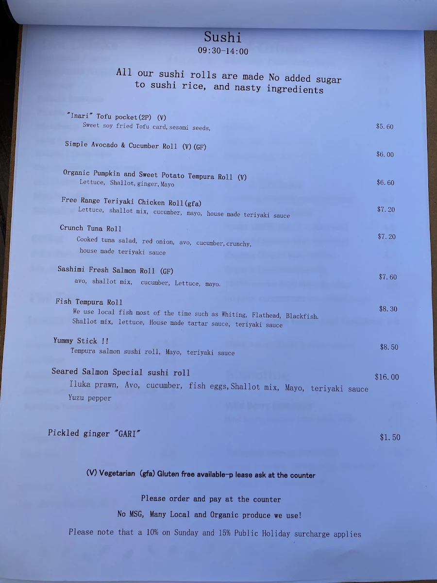 Menu, Chez Basho Boatshed Cafe