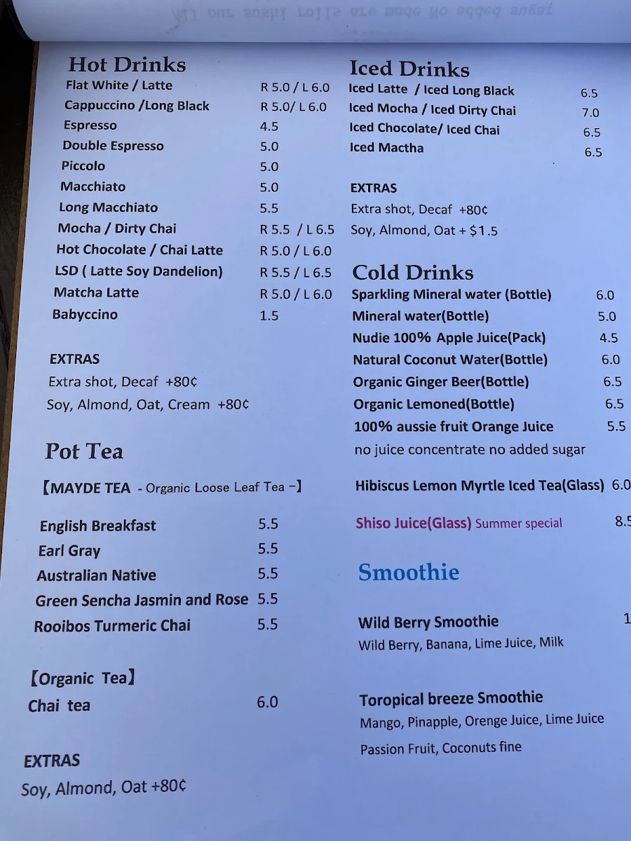 Menu, Chez Basho Boatshed Cafe