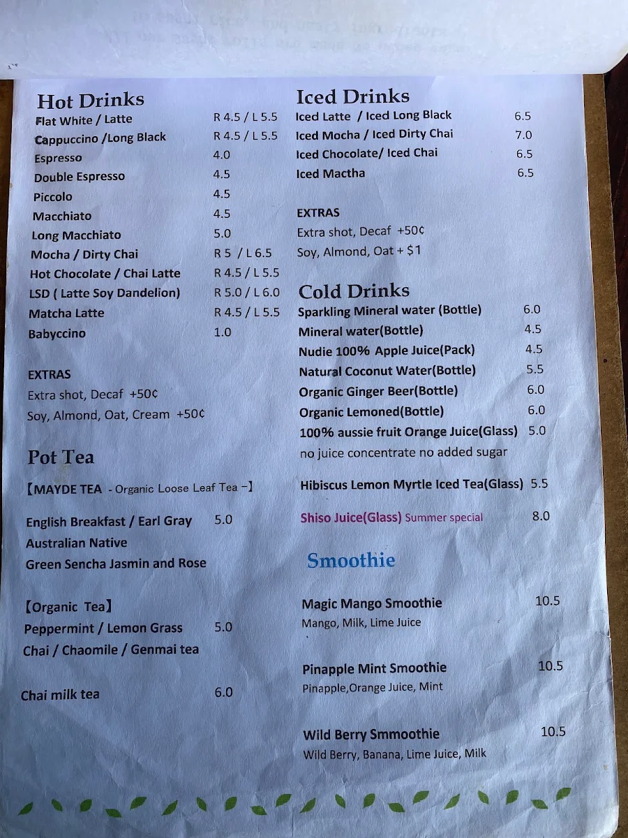 Menu, Chez Basho Boatshed Cafe