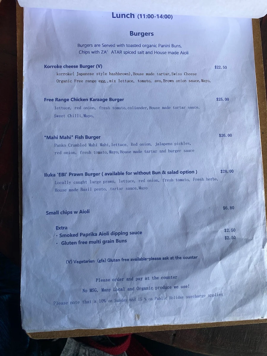 Menu, Chez Basho Boatshed Cafe