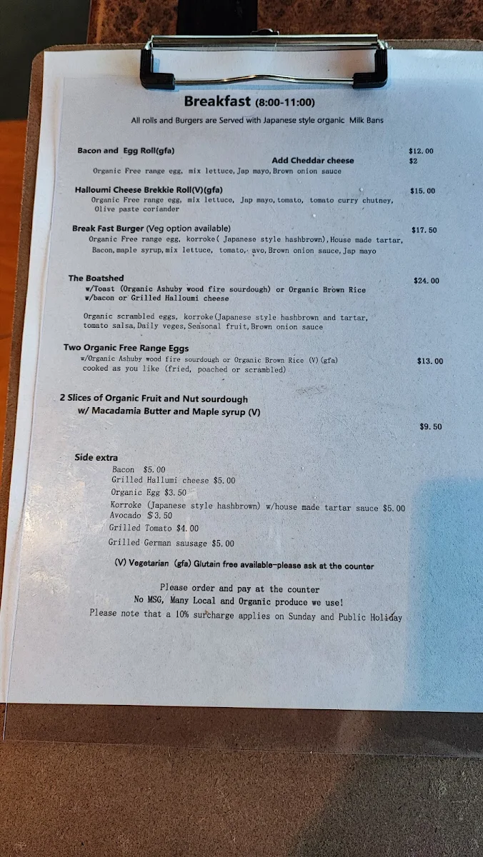 Menu, Chez Basho Boatshed Cafe