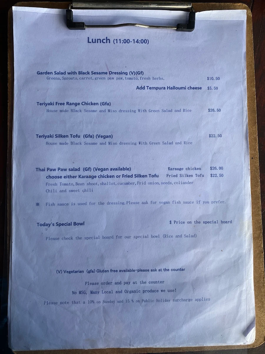 Menu, Chez Basho Boatshed Cafe