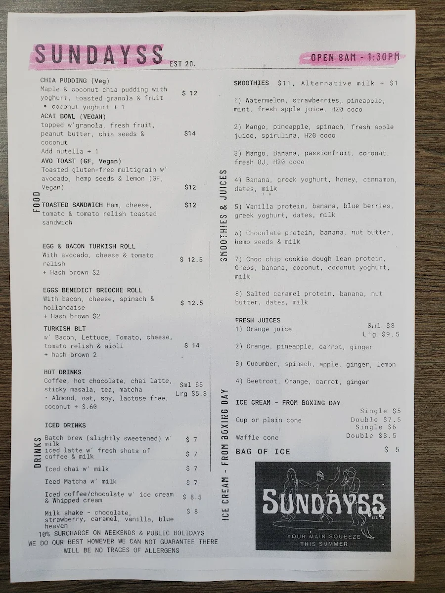 Menu, Sundayss