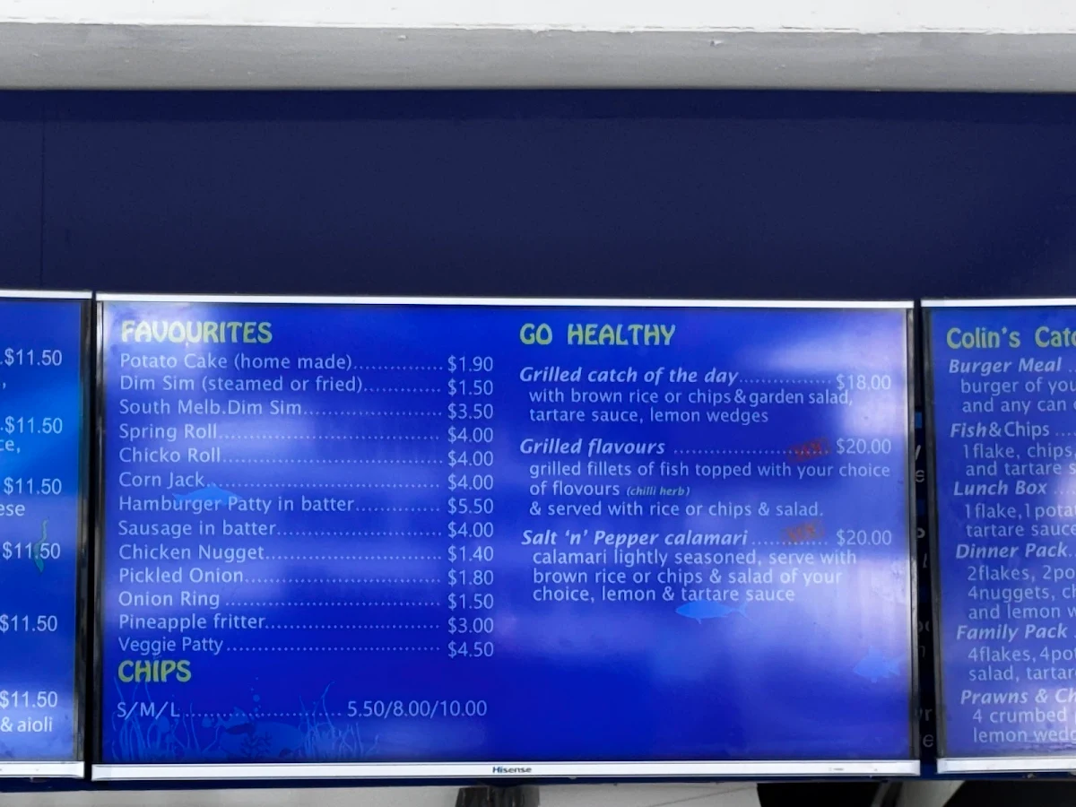 Menu, Colin's Catch Fish & Chippery