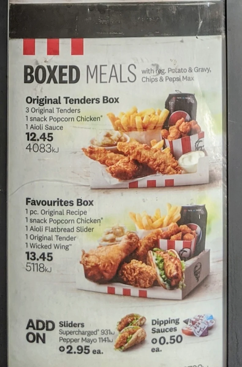 Menu, KFC Mt Isa