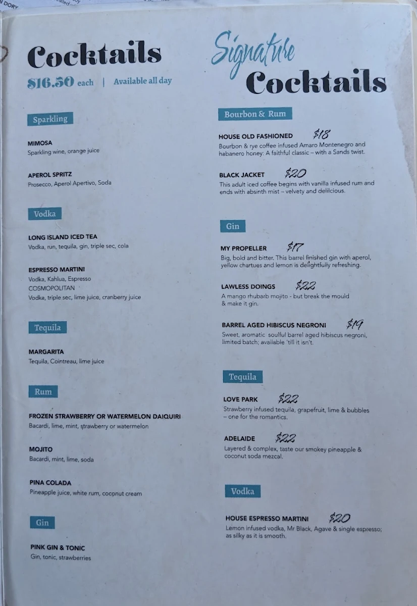 Menu, Avoca Sands Café ~ Bar